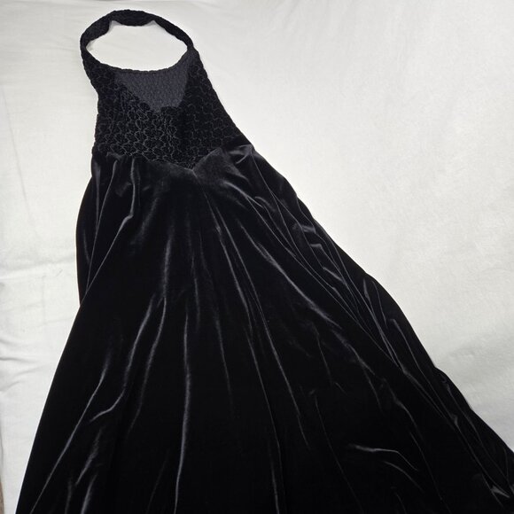 U.S.A Vintage CACHE Black VELVET Ruched Halter Flowy Asymmetrical Formal Dress L - Picture 9 of 17